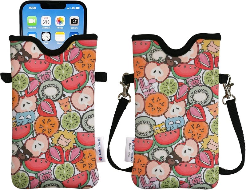 Tainada Cute Neoprene Phone Sleeve Pouch Case Bag w/Crossbody Strap/Neck Lanyard for iPhone 17/16/15 Pro Max, Air, 16/15 Plus, 16e, Samsung S25+, S25, S24, A56 for Women Girls (Fruits Pattern) - Image 1